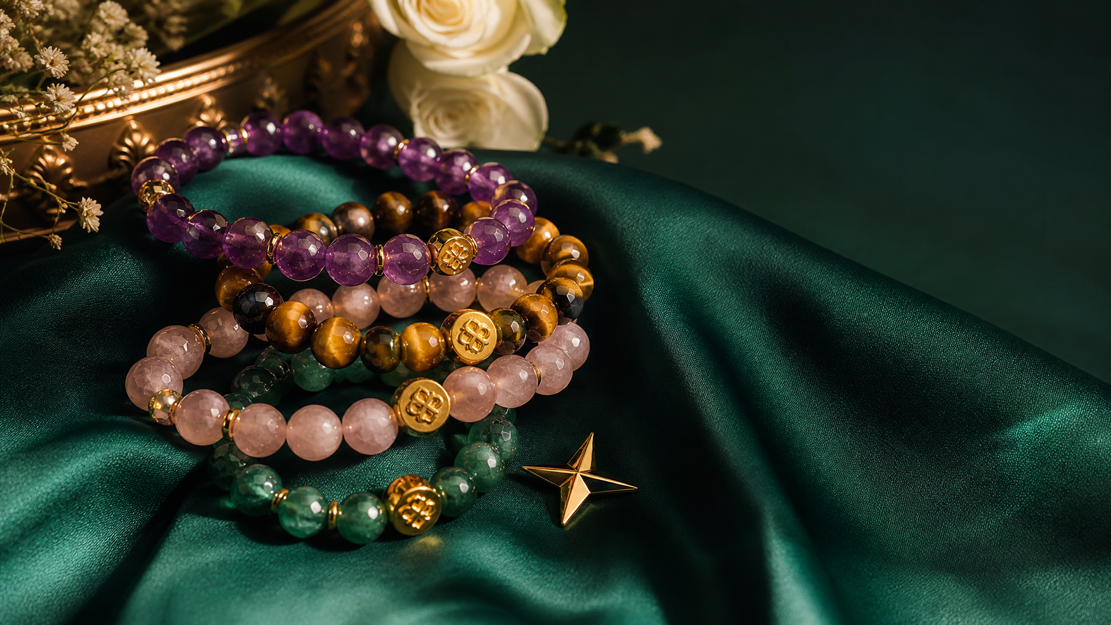 NoorKara healing-crystal bracelets on emerald silk
