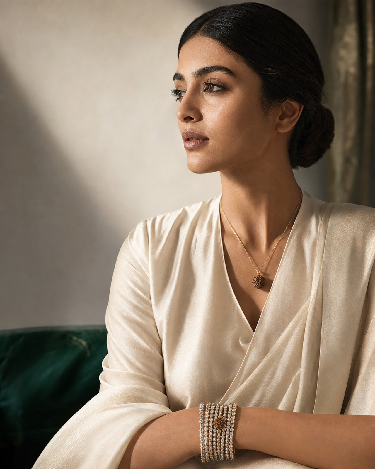 A woman wearing NoorKara bracelets and a rudraksha pendant